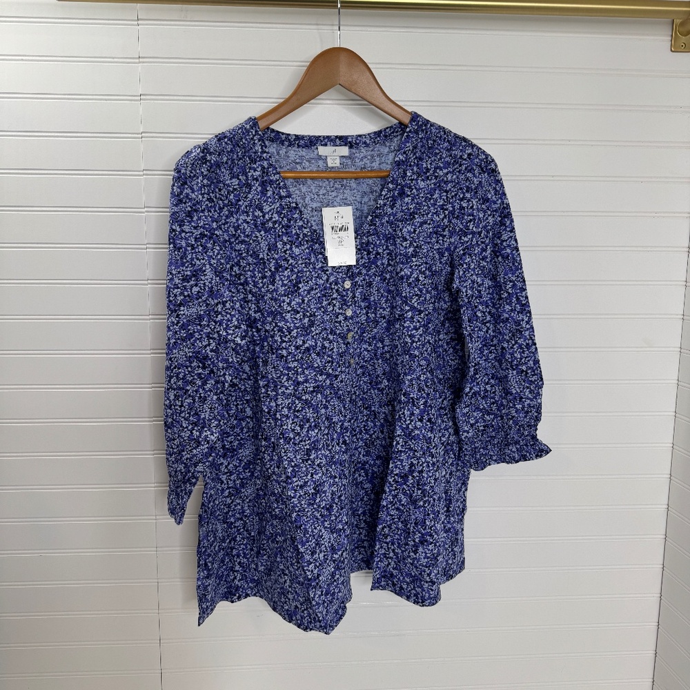 NEW J. Jill Smocked & Tiered Tunic Blue Orchid Fluttering Ferns Small Petite - Picture 2 of 9